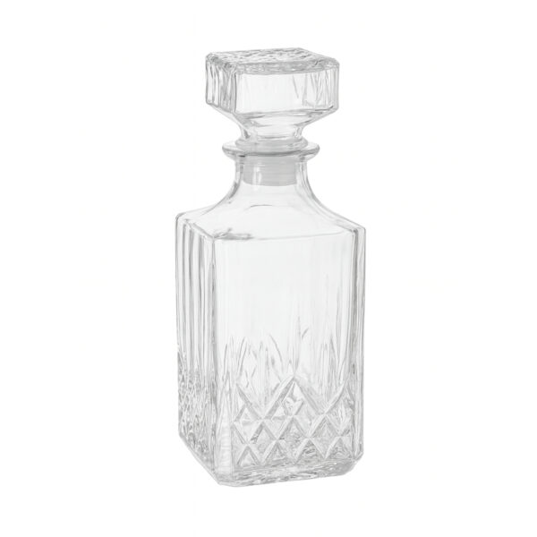 Den här vackra glaskaraffen med reliefmönster pryder sin plats var som helst. Den passar utmärkt till att ha whiskey i. Glaslocket har en plastkork för att sluta tätt. Karaffen är 23 cm hög och 9,5x9,5 cm bred.