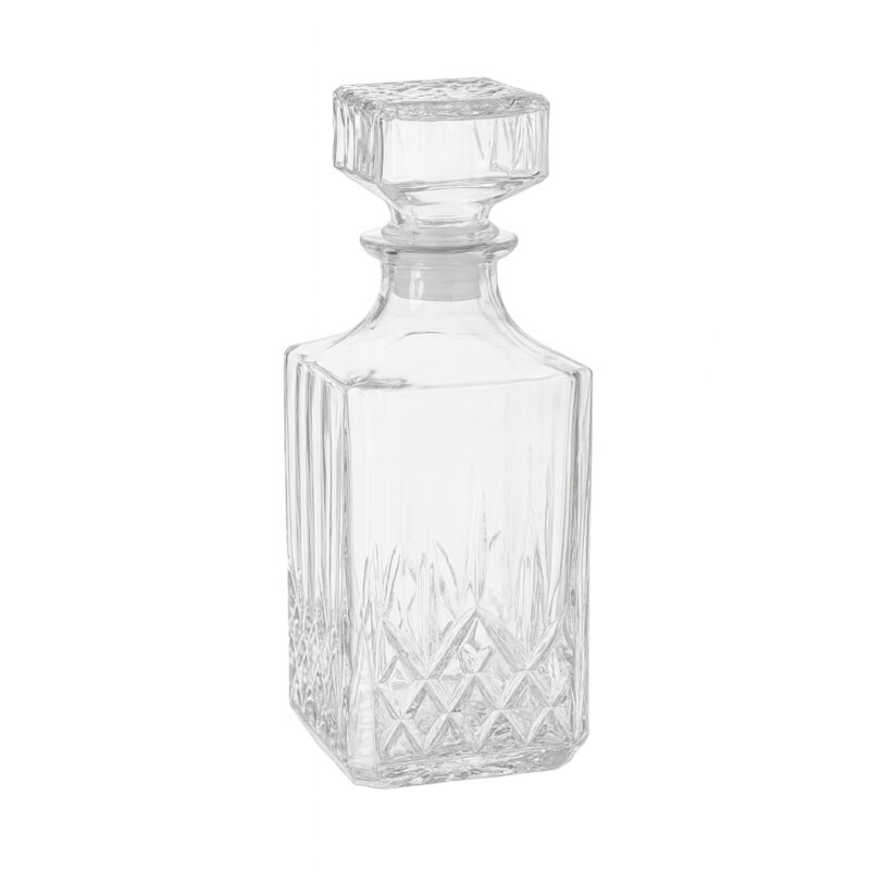 Den här vackra glaskaraffen med reliefmönster pryder sin plats var som helst. Den passar utmärkt till att ha whiskey i. Glaslocket har en plastkork för att sluta tätt. Karaffen är 23 cm hög och 9,5x9,5 cm bred.
