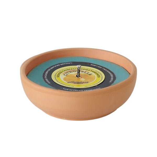 Myggljus i terrakottakruka med doftämnet citronella. Diameter 12,9 cm, höjd 4,4 cm. Brinntid ca 13 timmar. RAL-certifierat för kvalitet, säkerhet och miljö.