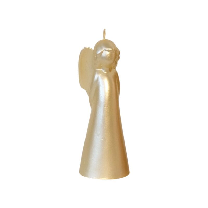 Figurljus i form av en ängel med lack i metallic utförande. Diameter 4,8 cm, höjd 13 cm. RAL-certifierat för kvalitet, säkerhet och miljö.