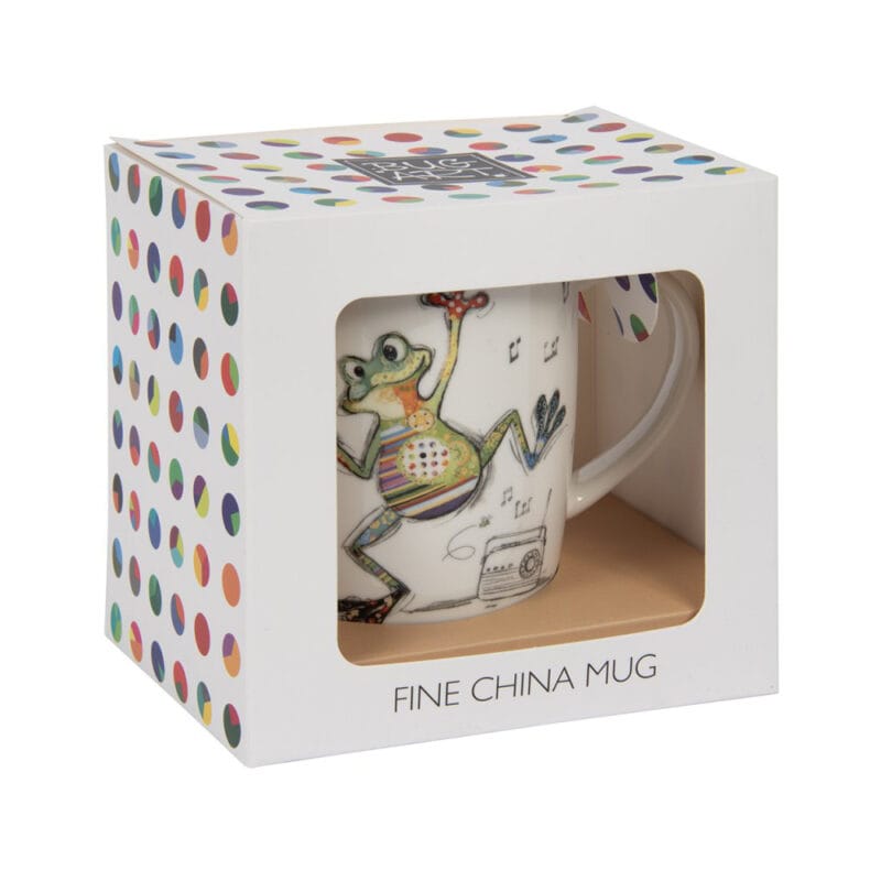 Charmig Bug Art-mugg med motiv av grodan Freddy. Muggen rymmer 350 ml, är tillverkad i porslin och kommer i fin presentförpackning.