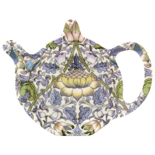Praktiskt fat i melamin för tepåsen eller tekulan med mönstret Lodden av William Morris. Mått 13x10x2 cm (bxhxd).