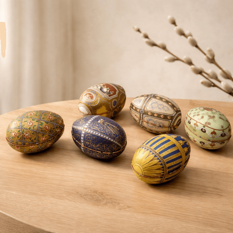 Påskägg i plåt inspirerat av Fabergé med detaljrikt mönster och vacker färgsättning. Mönstrad insida. 11 x 7 x 7 cm.