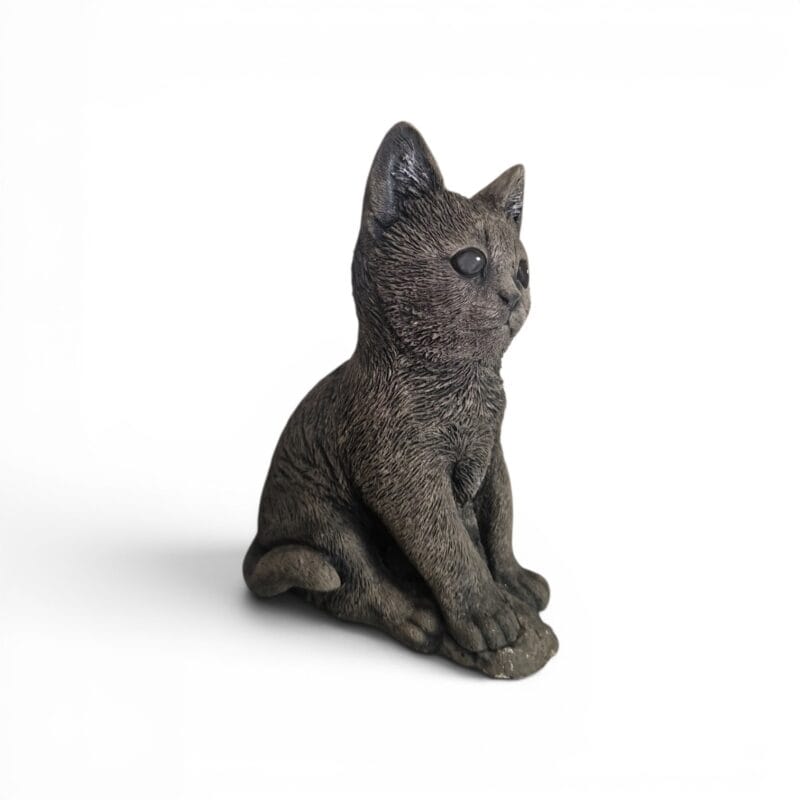 Handgjuten kattunge i betong där kattens nyfikna personlighet fångas på ett naturtroget sätt. Höjd 19 cm. En tidlös dekoration för trädgård och hem.