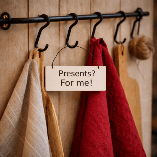 Liten skylt i trä med lekfull text, perfekt som juldekoration. En charmig detalj som tillför humor och personlighet i hemmet under julen.