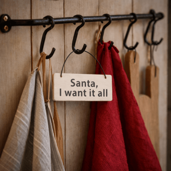 Julskylt i trä med humoristisk text. En liten men effektfull dekoration som sprider julkänsla och ger ett leende i hemmet.