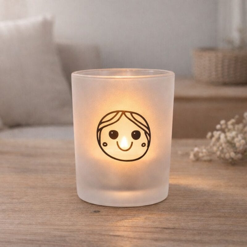 WER-0896-3z Söt ljuslykta i frostat glas som sprider ett mjukt och varmt sken när ett värmeljus tänds. Mått: 5,5x5,5x6,5 cm.