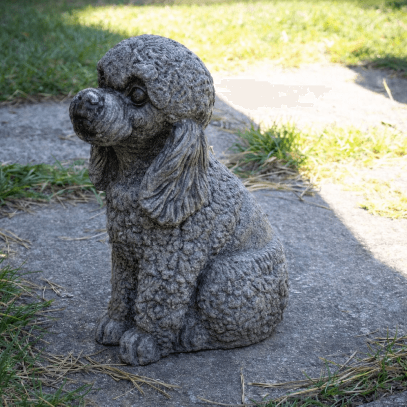 Handgjuten toypudel i betong med fin utformning och naturtrogen detaljrikedom som ger karaktär och fångar pudelns kloka uttryck. Höjd 18 cm.