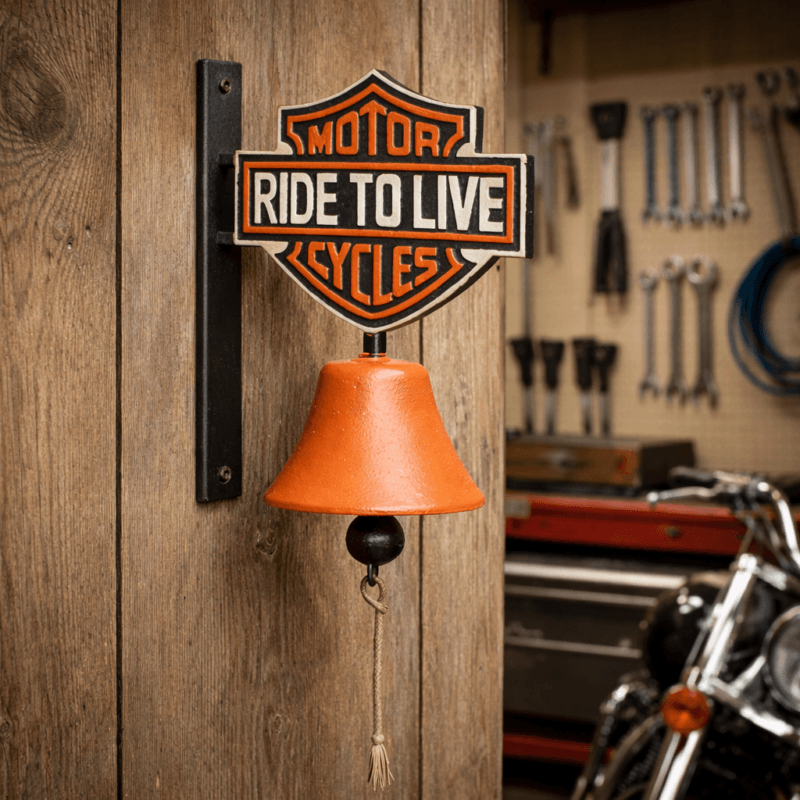 119XL Ringklocka i bemålat gjutjärn med “Ride to Live”-motiv. Passar perfekt i garage, barhörna eller entré. Monteras på vägg. Höjd 34 cm.