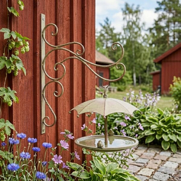 Väggmonterat fågelbad i antikbehandlad metall med ett skyddande paraply för skugga. Fungerar även som matstation på vintern. Enkel montering.