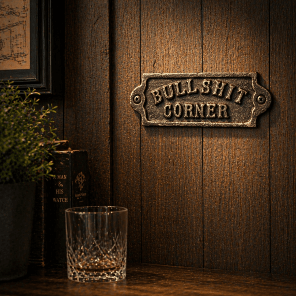 Gjutjärnsskylt med texten Bullshit Corner. En rustik och humoristisk detalj som passar perfekt i barhörna, kontor eller garage.