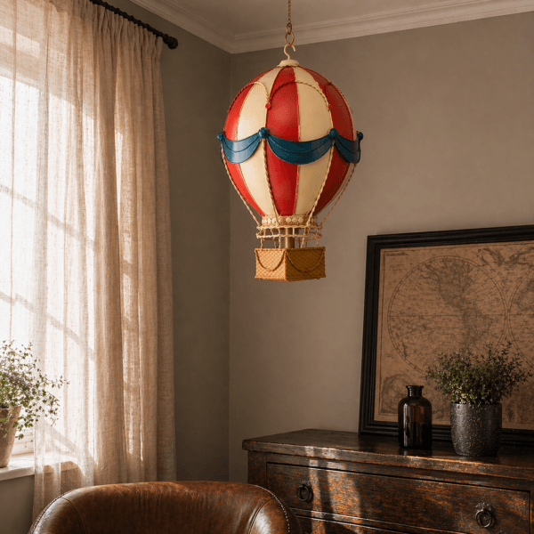 Dekorativ luftballong i plåt med klassiska ränder. Hängande modell som tillför höjd och karaktär, en fin detalj för hylla eller hörn i hemmet.