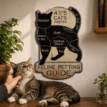 Plåtskylt med humoristiskt kattmotiv och texten Feline Petting Guide. Dekorativ skylt 44,5 cm i präglad plåt som ger väggen en lekfull och personlig känsla.