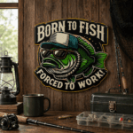 Plåtskylt Born to Fish Forced to Work i präglad plåt. En tydlig och lekfull skylt som passar perfekt för dig som hellre är ute och fiskar än jobbar.