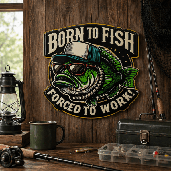 Plåtskylt Born to Fish Forced to Work i präglad plåt. En tydlig och lekfull skylt som passar perfekt för dig som hellre är ute och fiskar än jobbar.
