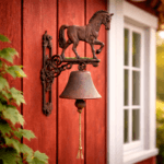 Ringklocka i gjutjärn med dekorativt hästmotiv. Perfekt vid entré, stall eller trähus. Monteras på vägg. Höjd 43 cm.