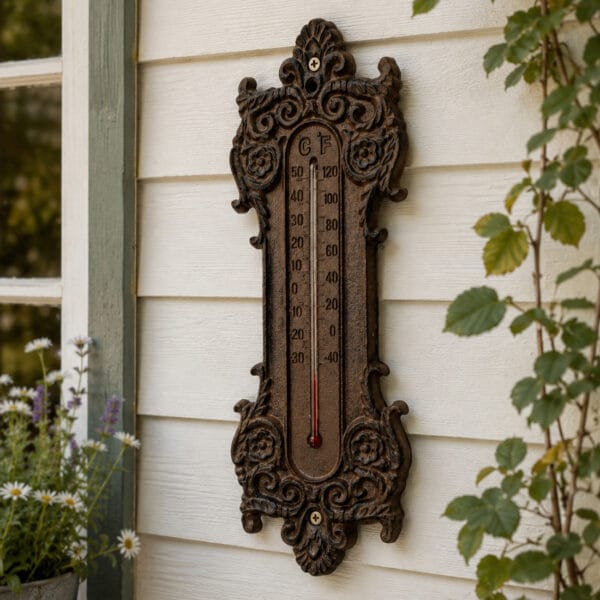 Termometer i gjutjärn med rustik finish och ornamenterade detaljer. Fin på veranda, i växthus eller uterum. Höjd 37 cm.
