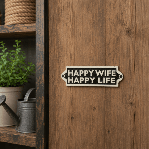 Skylt i gjutjärn med texten “Happy Wife Happy Life” i vintage stil. Dekorativ och humoristisk detalj med rustik känsla och klassiskt uttryck.