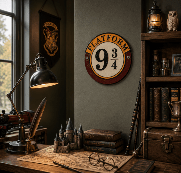 Platform 9 3/4 skylt i gjutjärn inspirerad av Harry Potter. Dekorativ väggplakett för hobbyrum, spelrum och magisk vintageinredning.