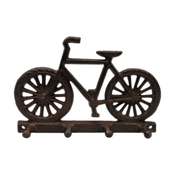 Hängare i gjutjärn formad som en cykel med fyra krokar för nycklar och småförvaring. Rustik och dekorativ detalj till hall, garage eller entré.