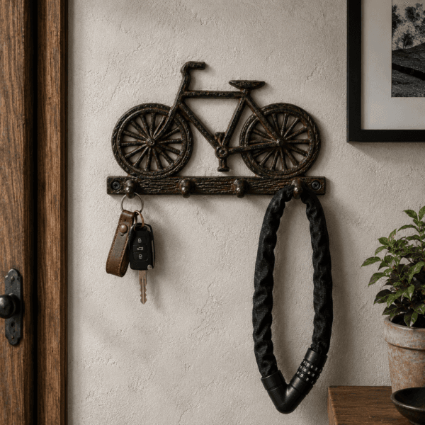 Hängare i gjutjärn formad som en cykel med fyra krokar för nycklar och småförvaring. Rustik och dekorativ detalj till hall, garage eller entré.