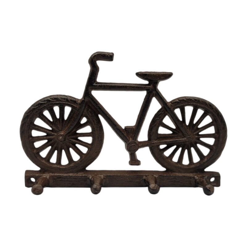 Hängare i gjutjärn formad som en cykel med fyra krokar för nycklar och småförvaring. Rustik och dekorativ detalj till hall, garage eller entré.