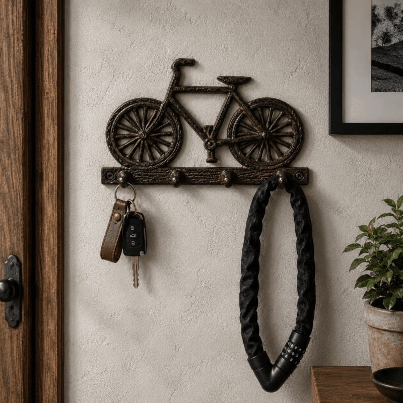 Hängare i gjutjärn formad som en cykel med fyra krokar för nycklar och småförvaring. Rustik och dekorativ detalj till hall, garage eller entré.