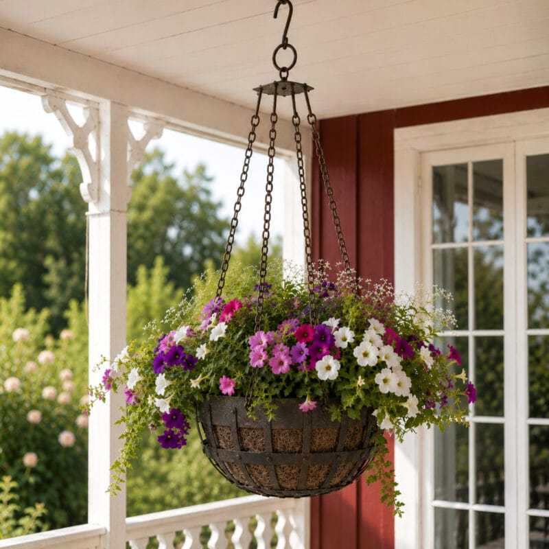 ampel-metall Rustik ampel i metall med mörk metallfinish och dekorativ korgform. Fin för sommarblommor på veranda eller i uterum. Diameter 32 cm.