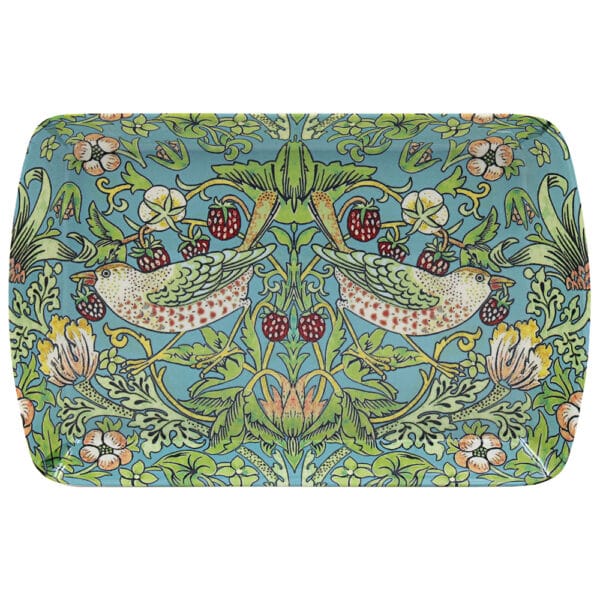 Bricka i melamin med Strawberry Thief av William Morris. Praktisk serveringsbricka 21 × 14 cm med klassiskt Arts & Crafts-motiv. Handdisk rekommenderas.