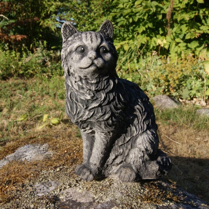 Handgjuten långhårig katt i betong med naturtrogen utformning och fina detaljer som framhäver den mjuka pälsen och kattens nyfikna uttryck.