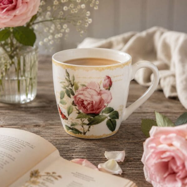 En dekorativ mugg för både kaffe och te, och ett fint val för den som tycker om rosor och romantiska blommönster. Levereras i presentförpackning.