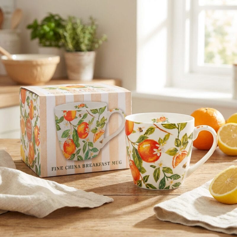 LP96923 Stor porslinsmugg med härligt mönster av apelsiner och citroner som piggar upp både frukosten och fikastunden som en frisk fläkt.