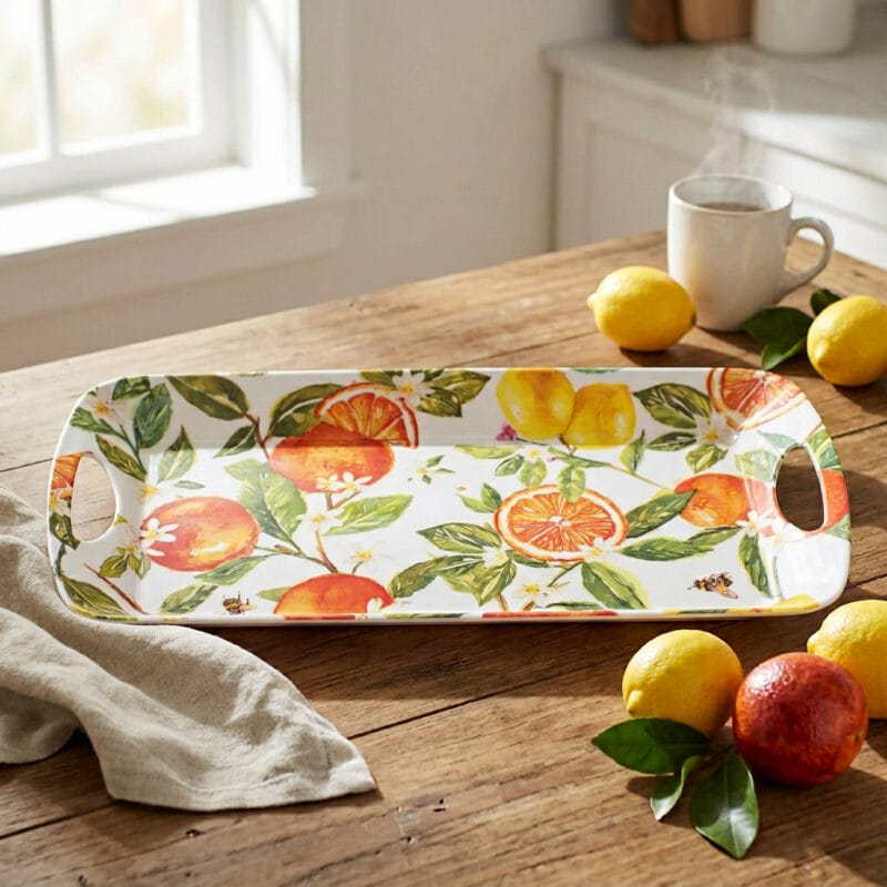 LP96936 Sandwichbricka med ett fräscht och färgstarkt motiv av apelsiner, citroner, gröna blad och små blommor. Handdisk rekommenderas.