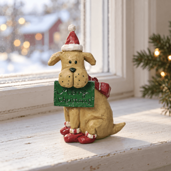 Julhund med tomteluva och Merry Christmas-skylt i ljus julmiljö vid fönster