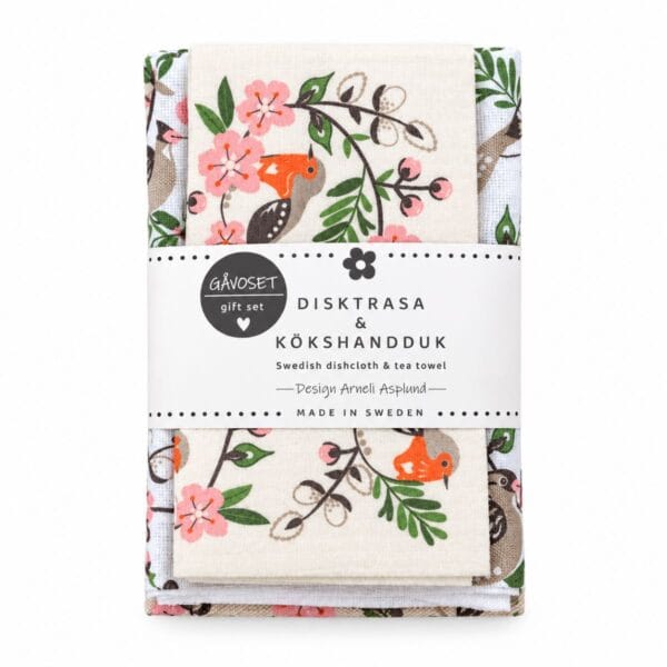 Fint set med kökshandduk och matchande disktrasa i färdig presentförpackning. Anneko Design Sweden, designat och tillverkat i Sverige.