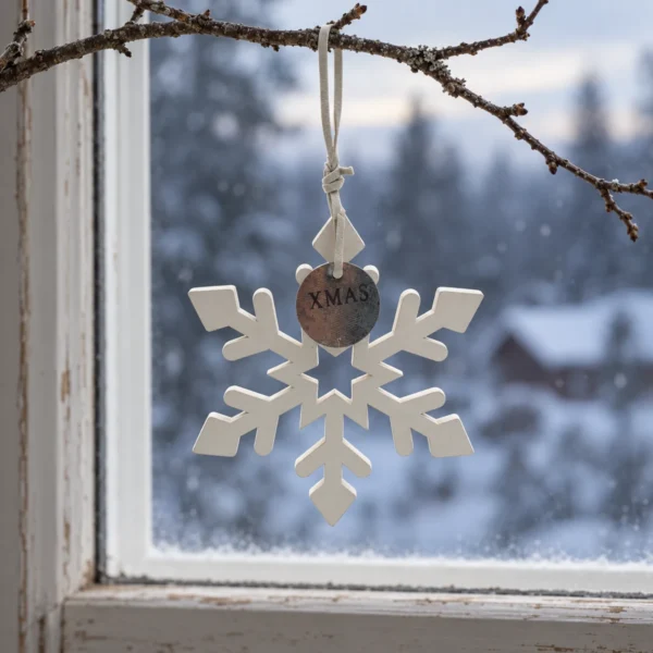 Vit snöflinga i trä med en liten metallbricka med texten XMAS, hängande från en bar gren framför ett vinterfönster.
