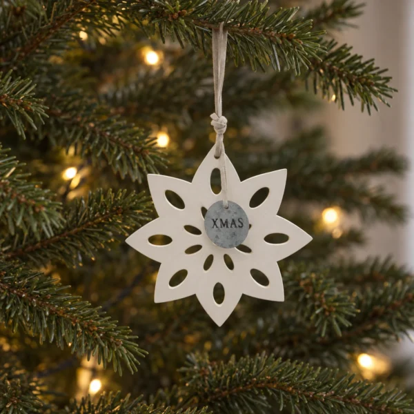 Vit snöflinga i trä med ovala utskärningar och en rund XMAS-bricka, hängande i en julgran med varm belysning.