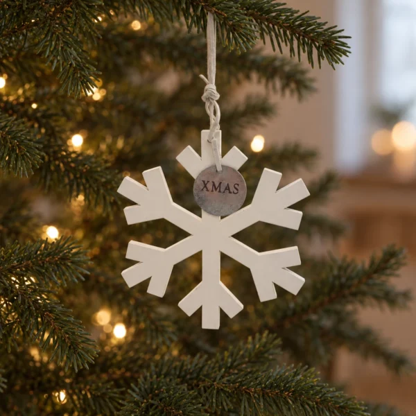 Vit snöflinga i trä med förgrenade spetsar och en rund XMAS-bricka, hängande i en julgran med varm belysning.