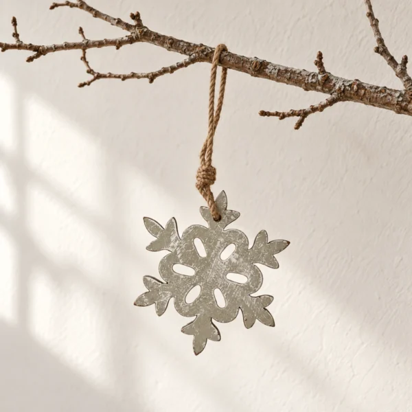 Gråmålad snöflinga i trä med genombrutet mönster hänger i ett tvinnat snöre från en bar gren mot en varmvit vägg.