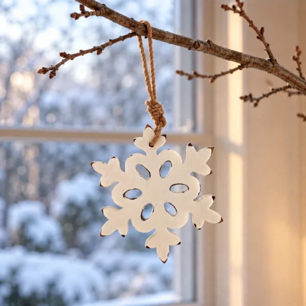 Vit snöflinga i trä hängande från en gren framför ett fönster med snöig trädgård utanför.