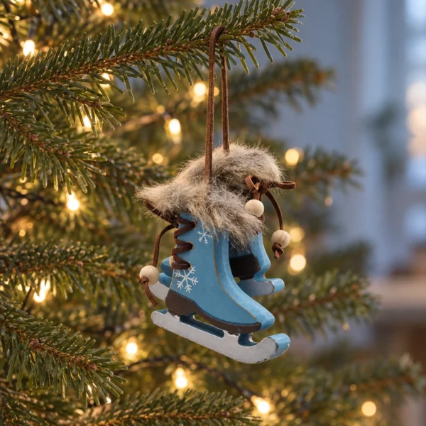 Blå skridskodekoration i trä med vita snöflingor hänger från en grangren med varmvit belysning.