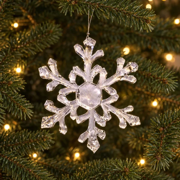 Blank snöflinga i plast hänger från en grangren med varma ljuspunkter i bakgrunden.