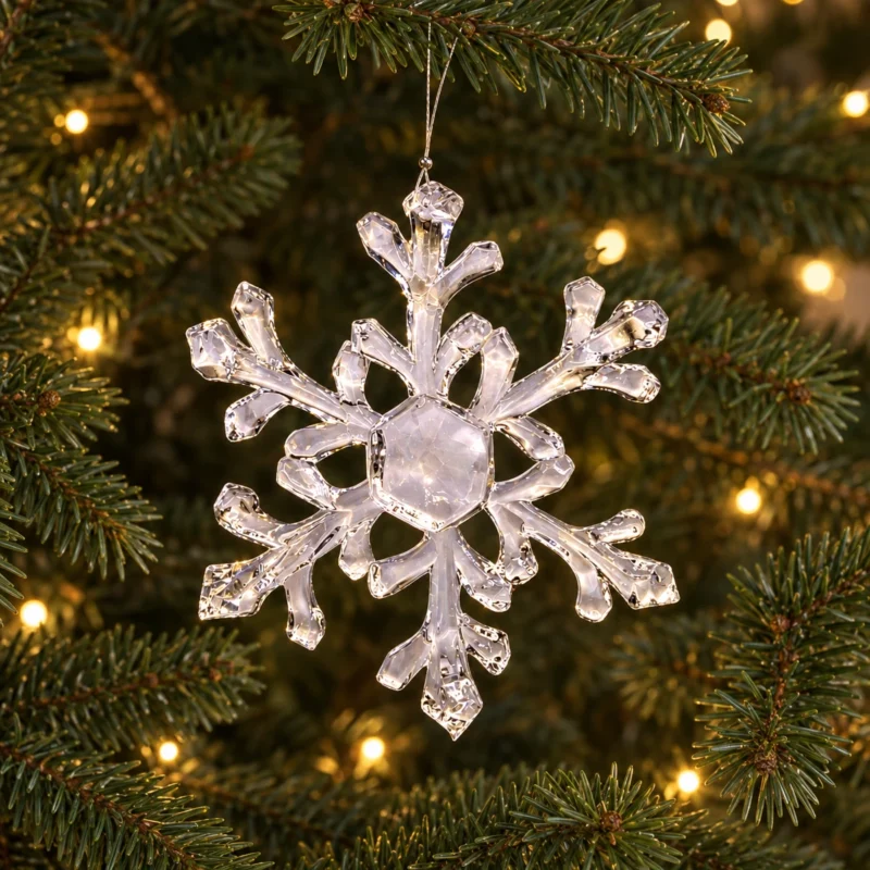 Blank snöflinga i plast hänger från en grangren med varma ljuspunkter i bakgrunden.