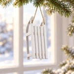 Vit träkälke hänger i naturfärgat snöre från en grangren framför ett ljust vinterfönster.
