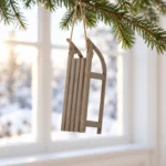 Grå träkälke hänger i jutesnöre från en grangren framför ett ljust vinterfönster.
