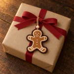 Brun pepparkaksgubbe i textil med vita detaljer och ljus pärla på ett naturfärgat julpaket med rött snöre.
