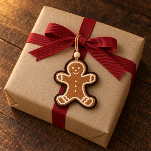 Brun pepparkaksgubbe i textil med vita detaljer och ljus pärla på ett naturfärgat julpaket med rött snöre.