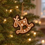 Brun pepparkaksren i textil med vit dekor hänger i sitt snöre runt en grangren.