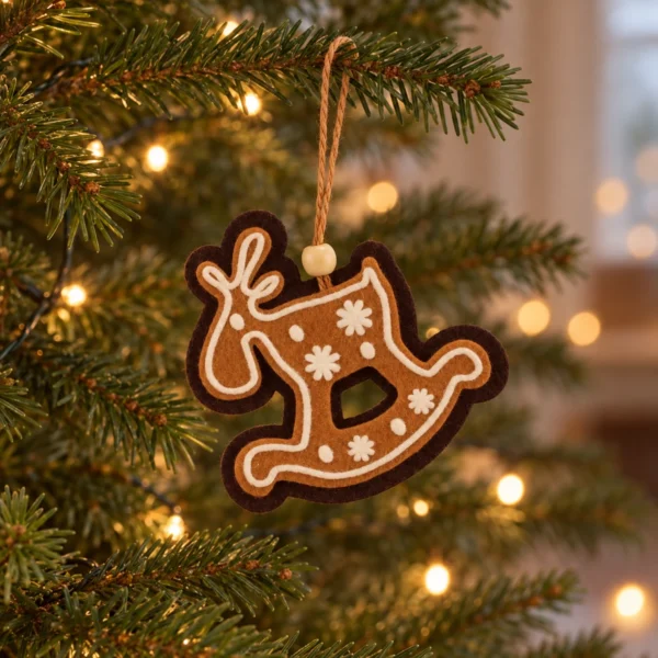 Brun pepparkaksren i textil med vit dekor hänger i sitt snöre runt en grangren.