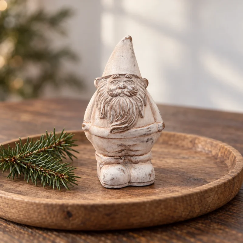 Liten betongtomte på träbricka Tomte i betong med spetsig luva och skägg på en träbricka intill en grankvist.
